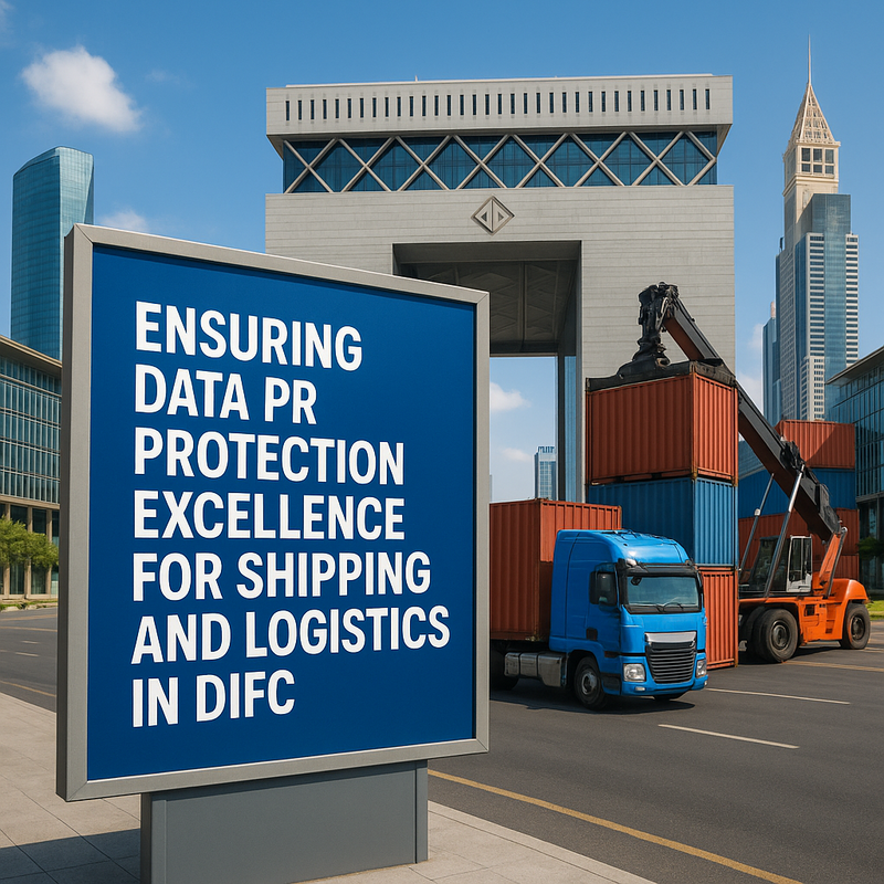 Image depicting digital data security in Dubai shipping logistics context with DIFC building background.