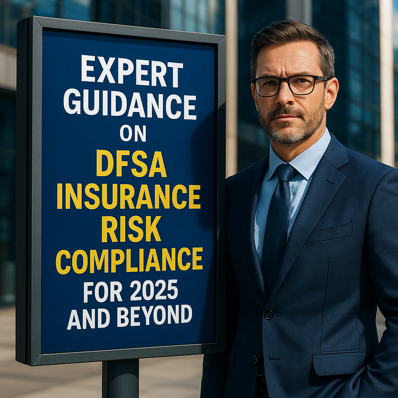 Professional legal consultant advising on DFSA insurance compliance in UAE office setting.