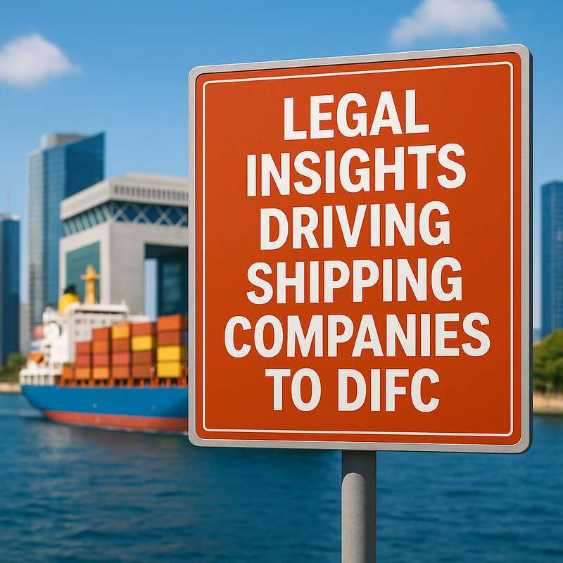Shipping vessels docked near DIFC skyline, symbolizing legal and business synergy.