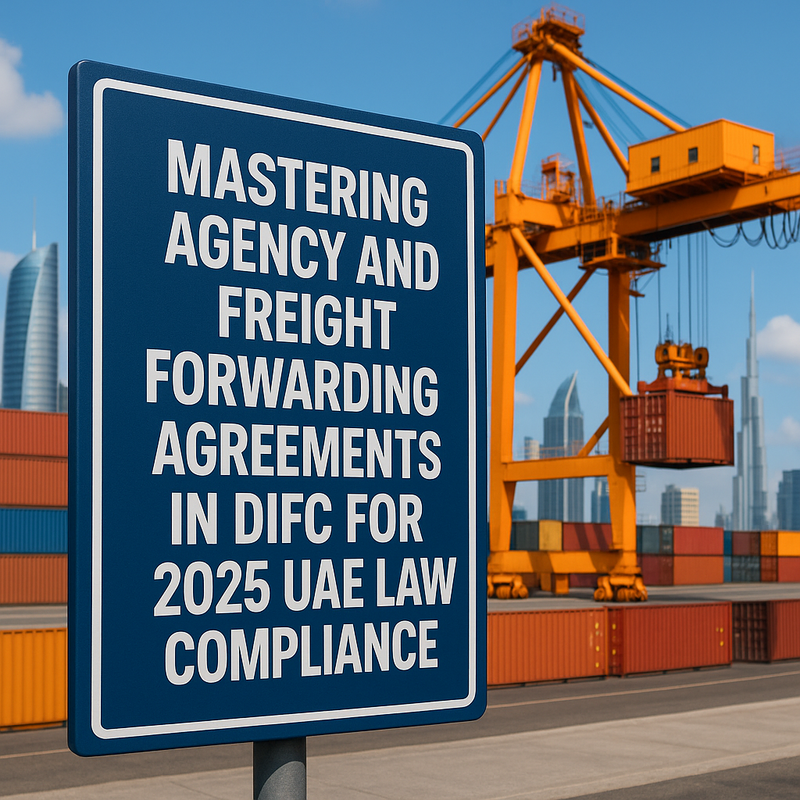 Legal consultant reviewing agency and freight forwarding contracts in DIFC office setting