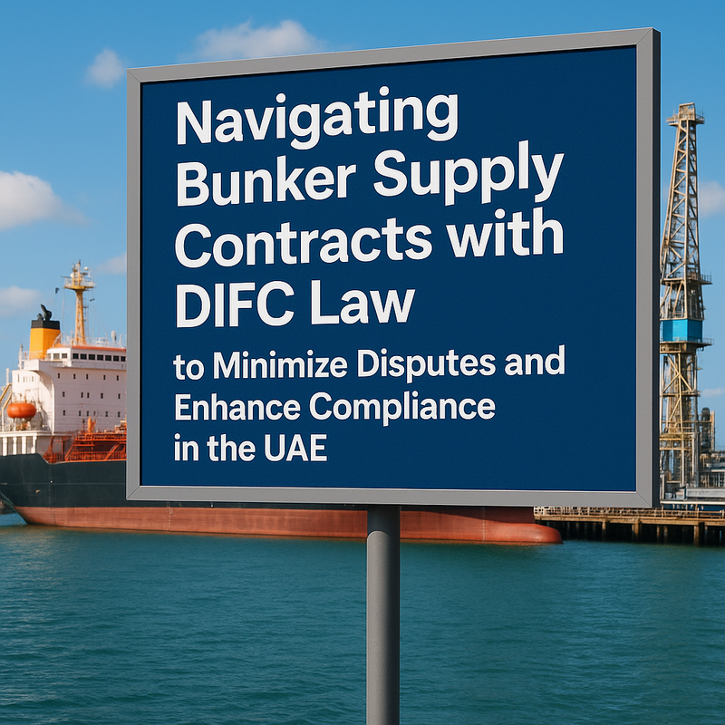 Legal consultants reviewing a bunker supply contract under DIFC law, UAE port in background.