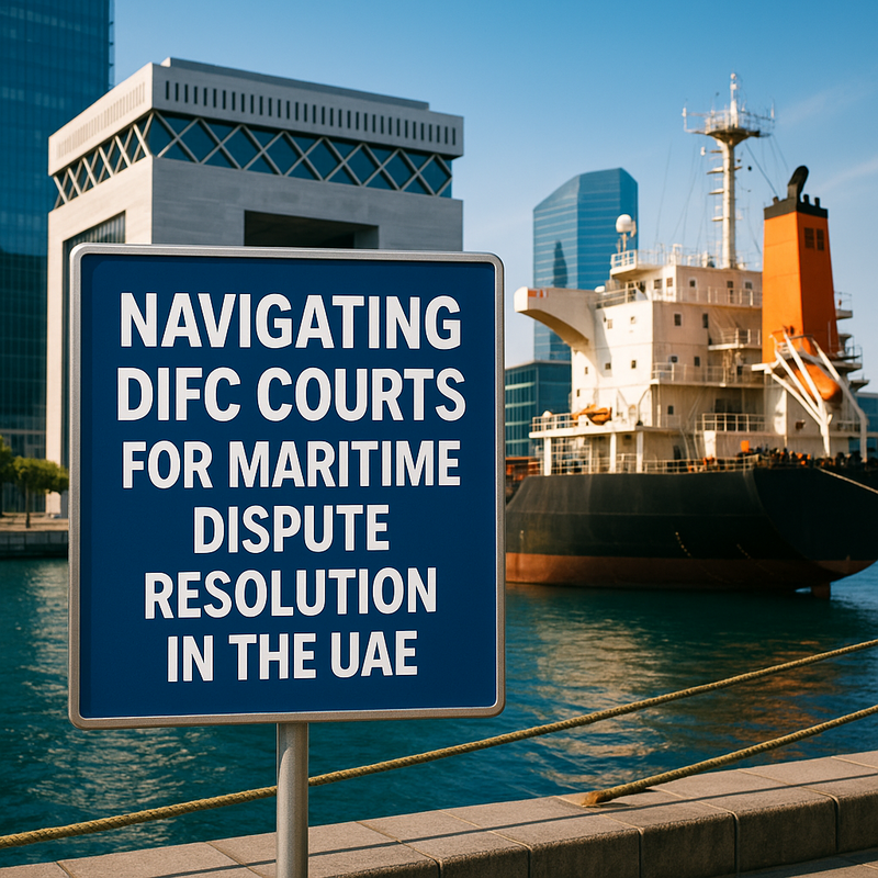 DIFC Courts legal document and maritime law contract with UAE port background