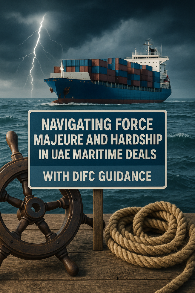 Legal consultant reviewing force majeure clauses in UAE maritime contract