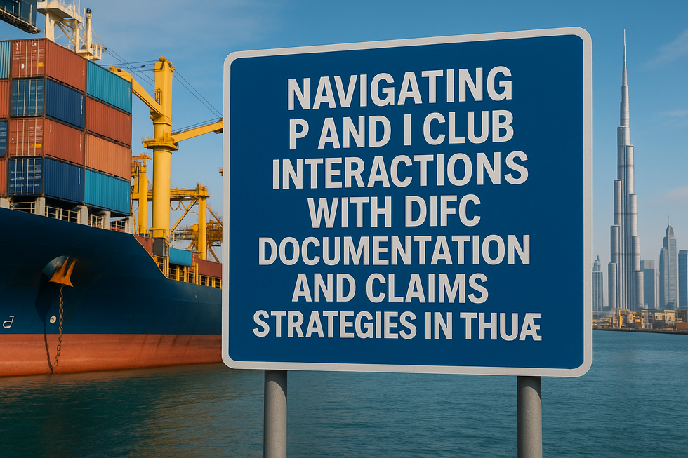 A lawyer reviews P and I Club marine insurance documents at a DIFC office