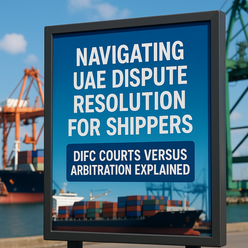 A decision point showing a shipper choosing between DIFC Courts and arbitration in the UAE