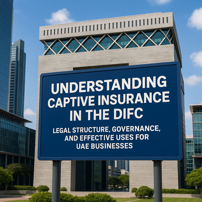 DIFC skyscrapers with financial and legal graphics representing captive insurance