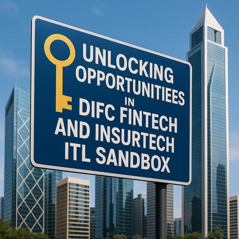 DIFC skyline with digital technology graphics representing FinTech and InsurTech innovation
