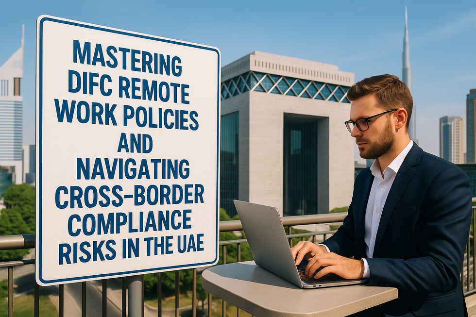 DIFC office towers with digital connections depicting cross-border remote work.