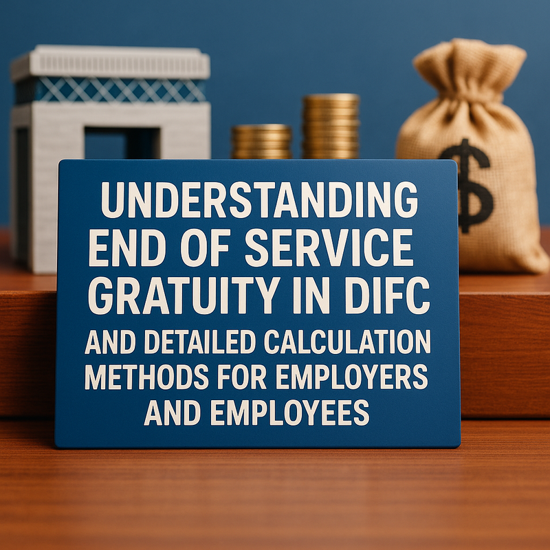 DIFC financial district skyline with legal documents and coins symbolizing end-of-service benefits.