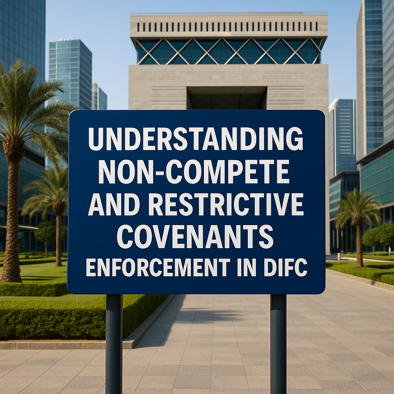 A modern legal document being reviewed in a DIFC office setting with a Dubai city skyline backdrop