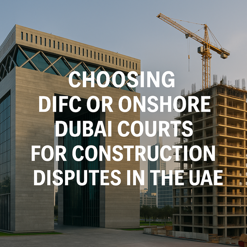 A comparative chart showing DIFC Courts and Onshore Dubai Courts on UAE construction disputes