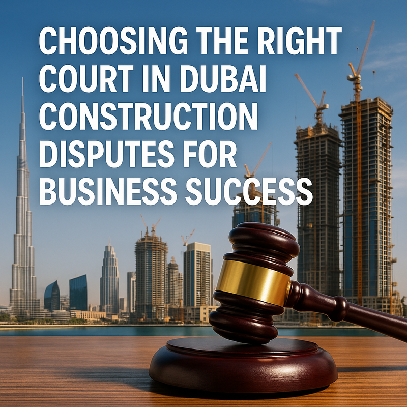 A gavel and construction plans symbolizing Dubai court choices for construction disputes