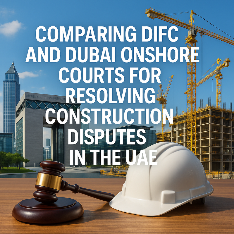 Side-by-side comparison of DIFC Courts and Onshore Dubai Courts for construction disputes in UAE