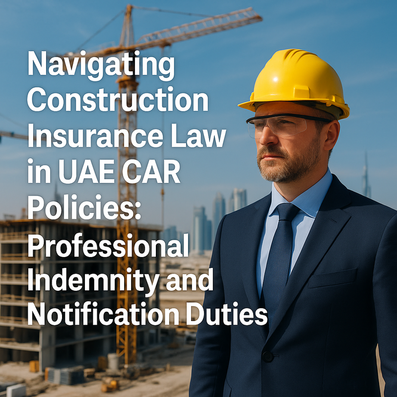 Construction site with legal documents and insurance policy in UAE context