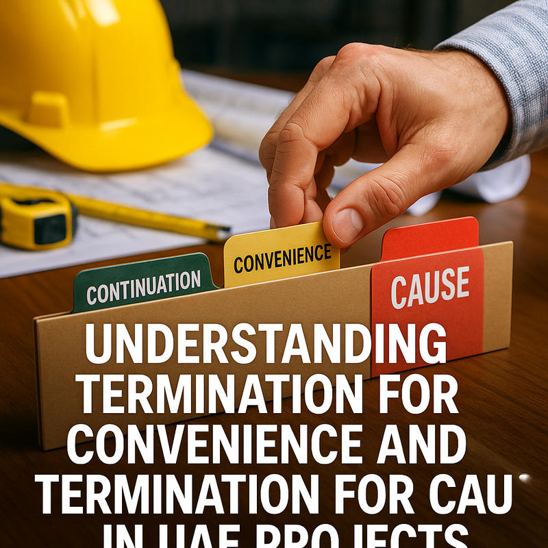 Legal consultant reviewing UAE project contract termination clauses at office desk