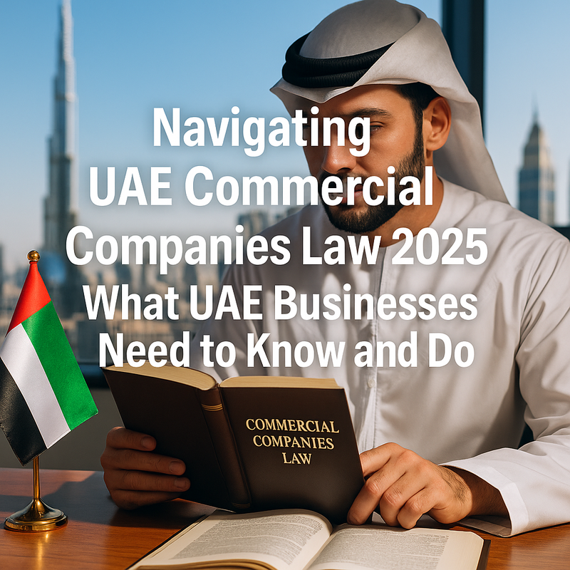 Modern UAE skyline with legal documents and business professionals