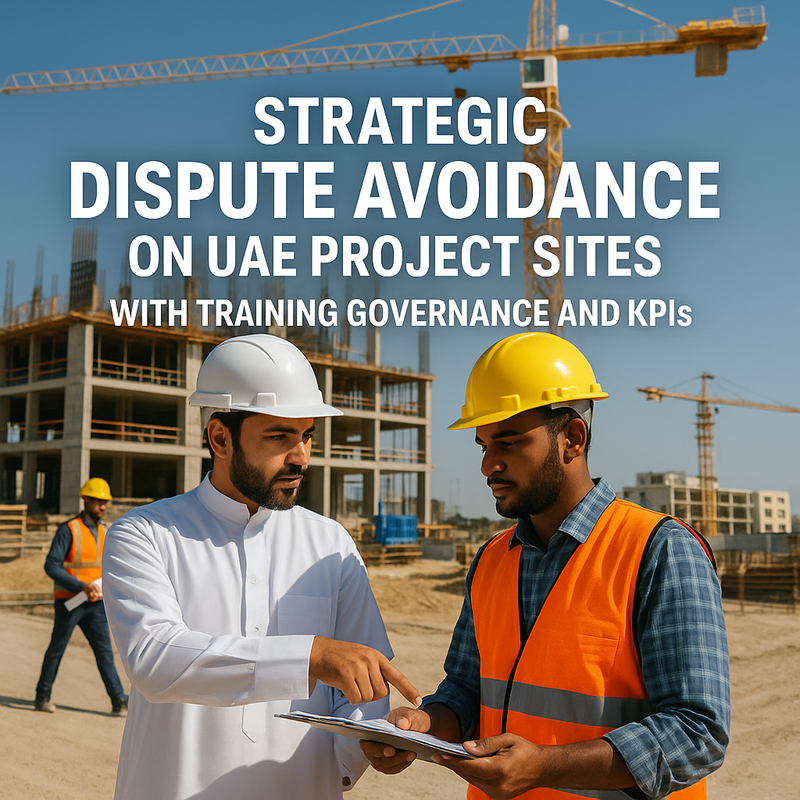 UAE project site team in dispute avoidance training with compliance chart.
