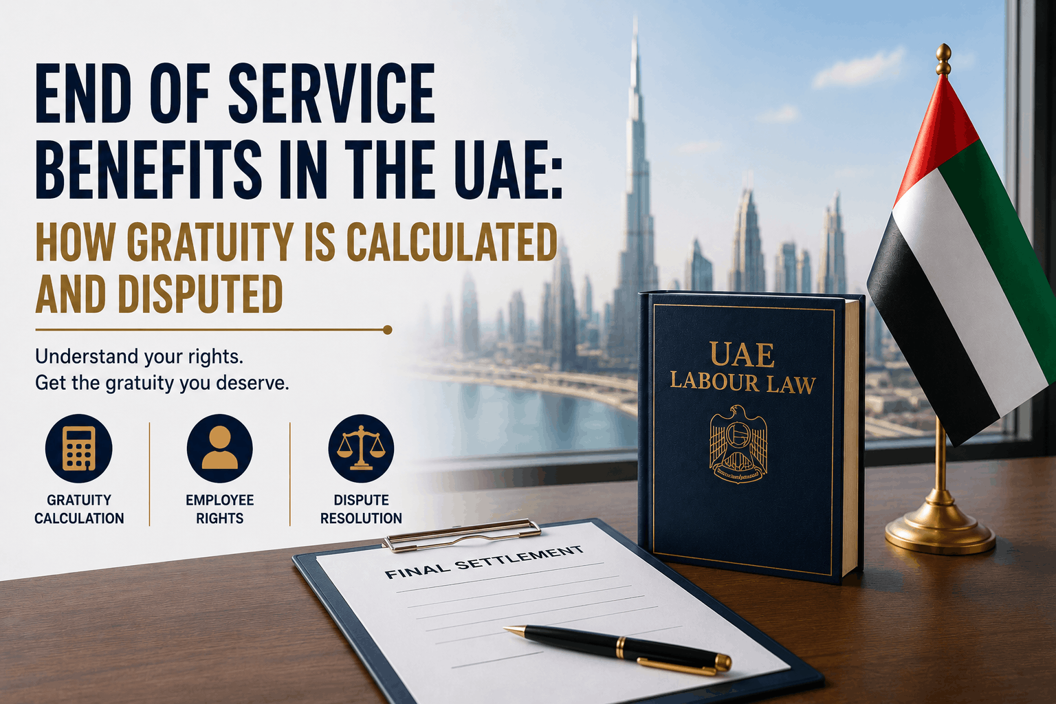 End of service benefits in the UAE legal guide showing gratuity calculation, employment contract, final settlement documents, UAE Labour Law book, calculator, and Dubai skyline.