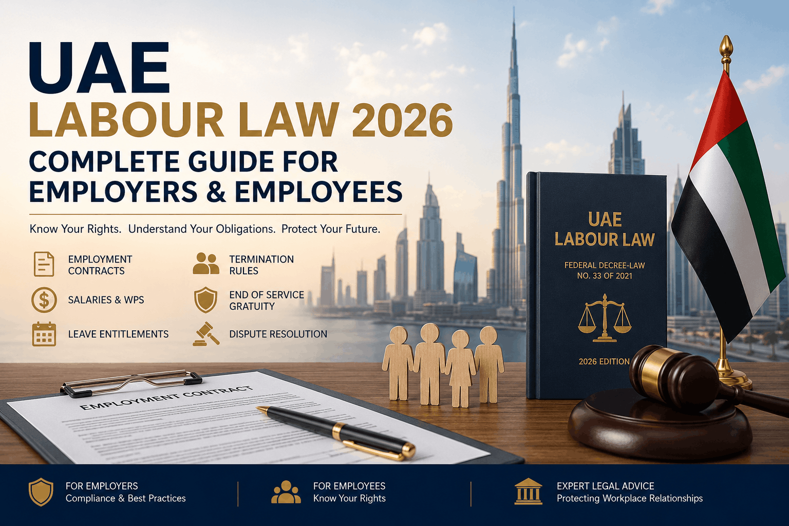 UAE Labour Law 2026 guide featuring Dubai skyline, employment contract, legal book, UAE flag, gavel, and workplace rights icons for employers and employees.