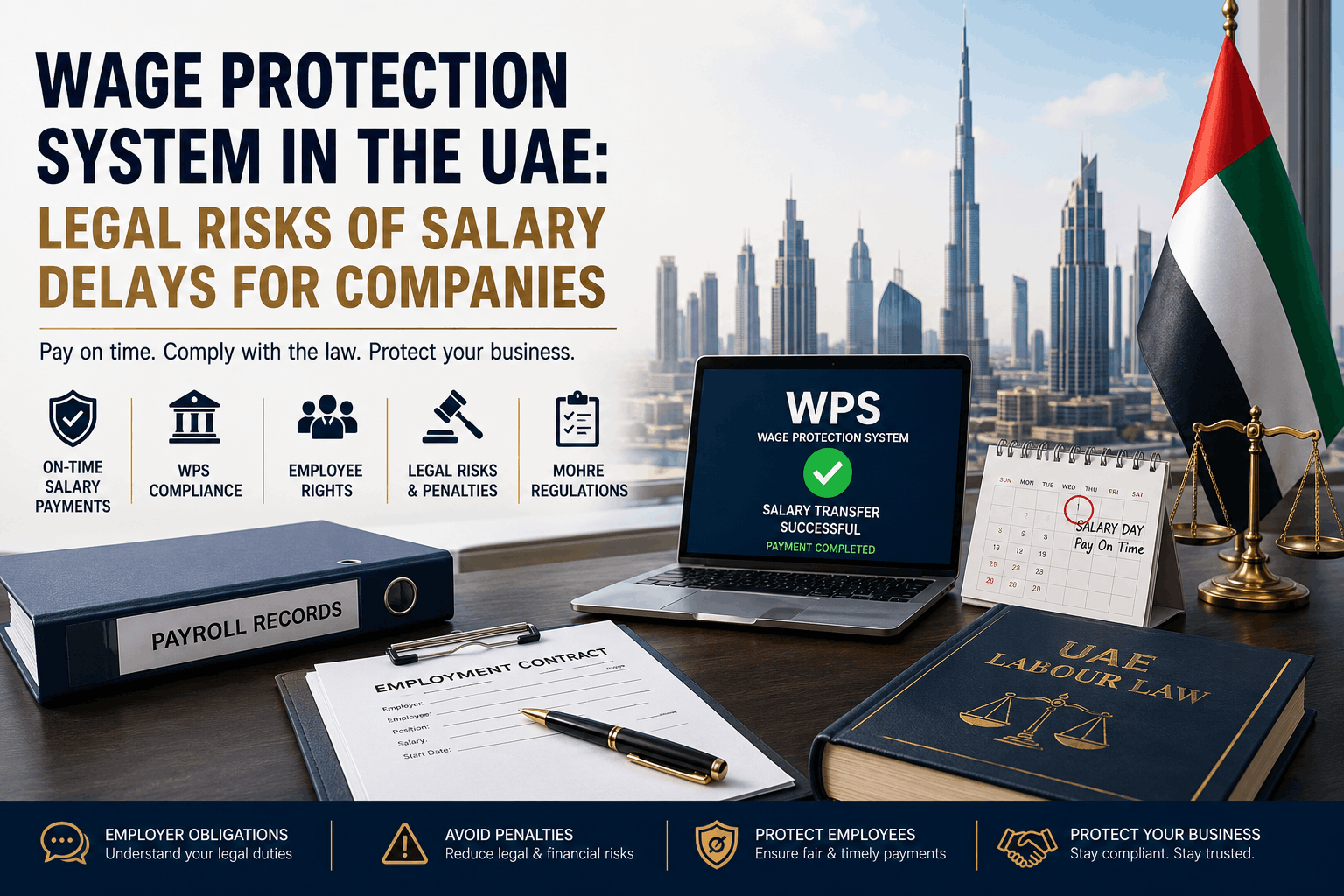Wage Protection System in the UAE legal guide showing salary payment compliance, employment contract, payroll records, Dubai skyline, UAE flag, and legal symbols.