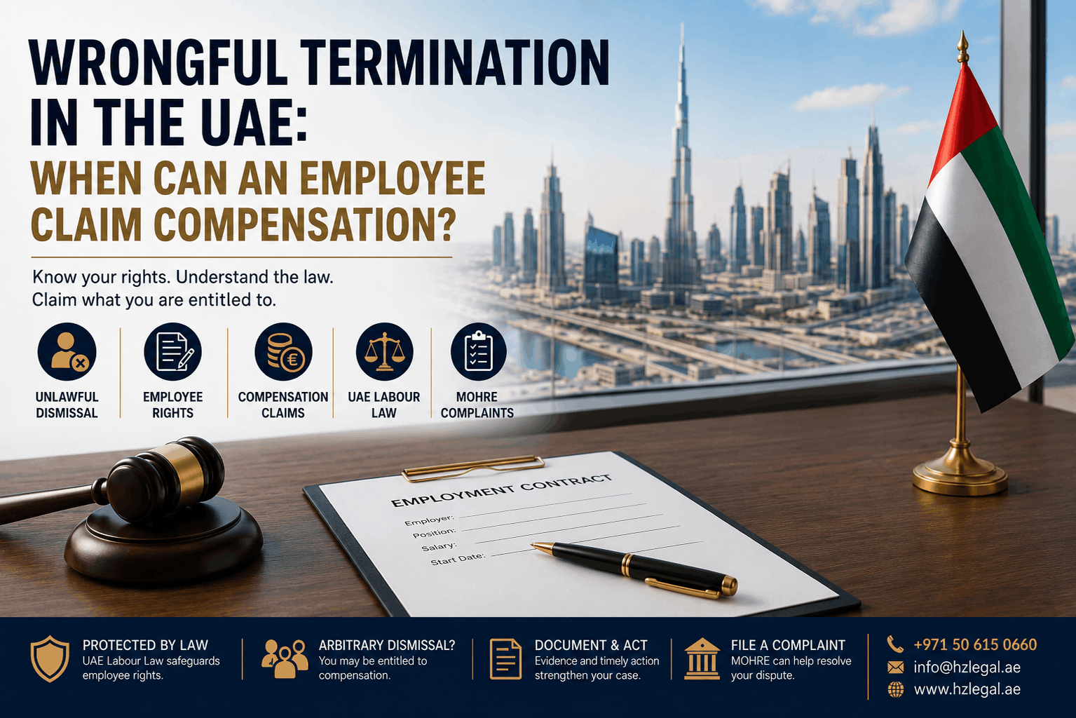 Wrongful termination in the UAE legal guide showing employment contract, termination letter, UAE Labour Law book, court gavel, employee rights icons, and Dubai skyline.