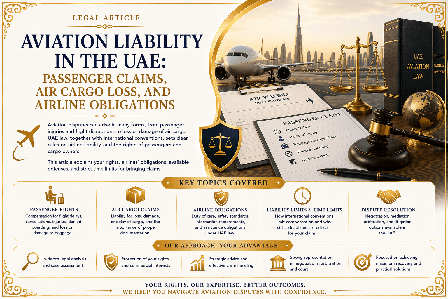 Aviation liability in the UAE involving passenger claims, baggage loss, air cargo damage, airline obligations, flight disruption, and legal evidence
