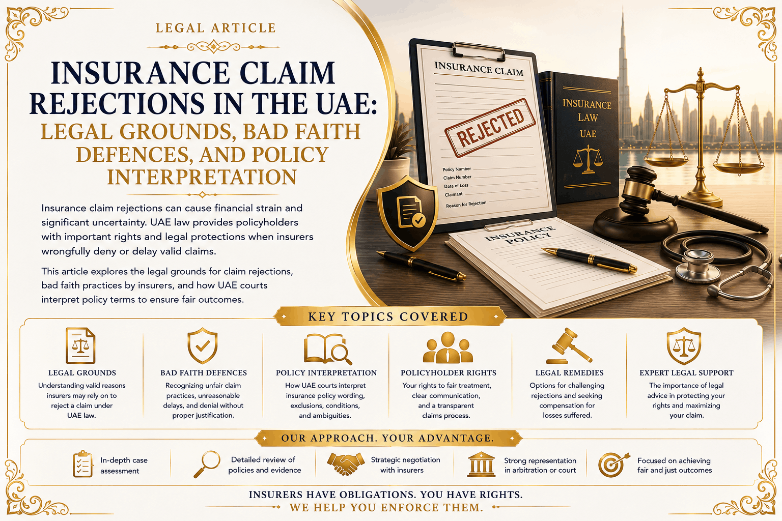 Insurance litigation in the UAE involving rejected claims, policy interpretation, evidence, insurer liability, complaints, and recovery options