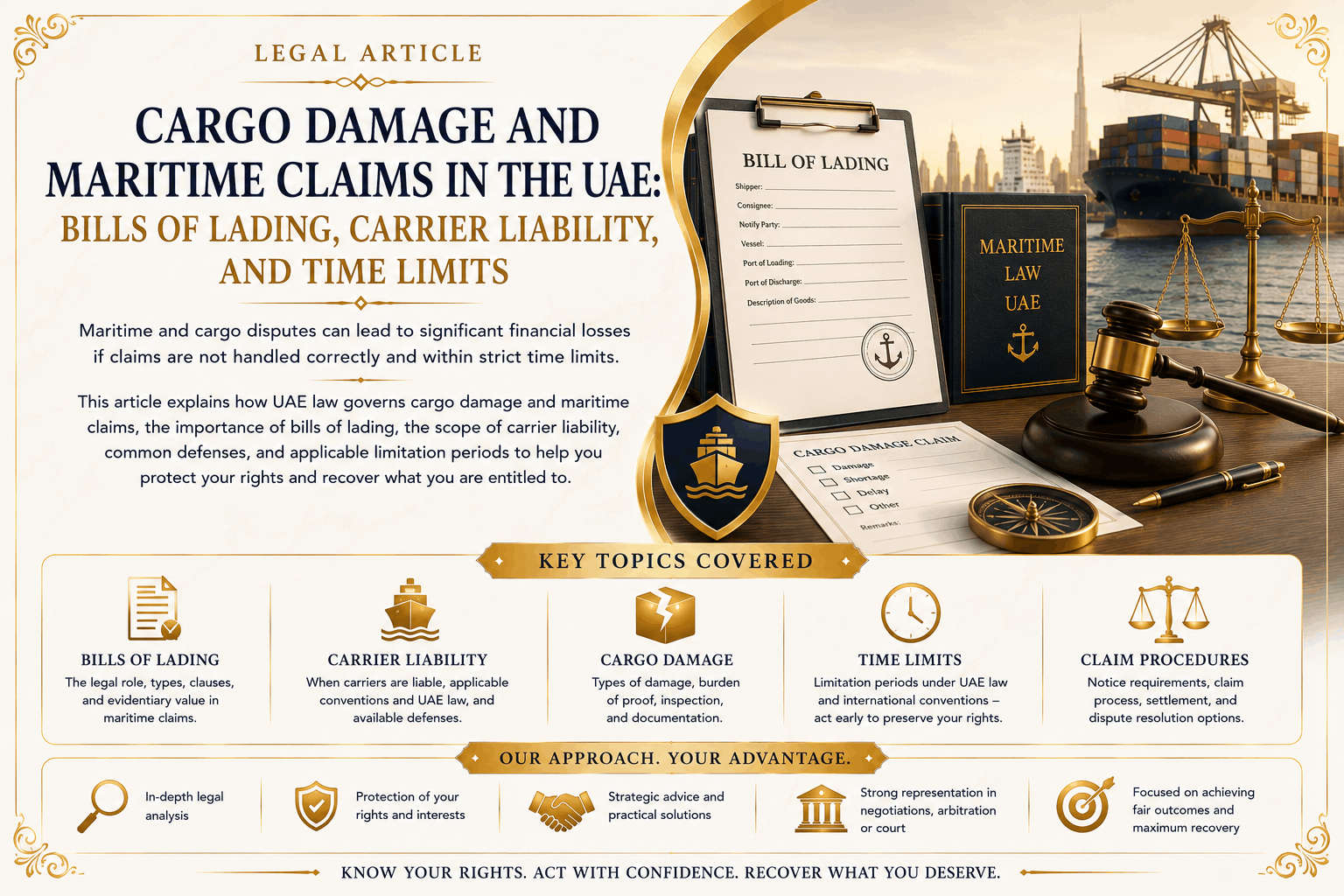 Cargo damage and maritime claims in the UAE involving bills of lading, carrier liability, port evidence, time limits, and cargo recovery