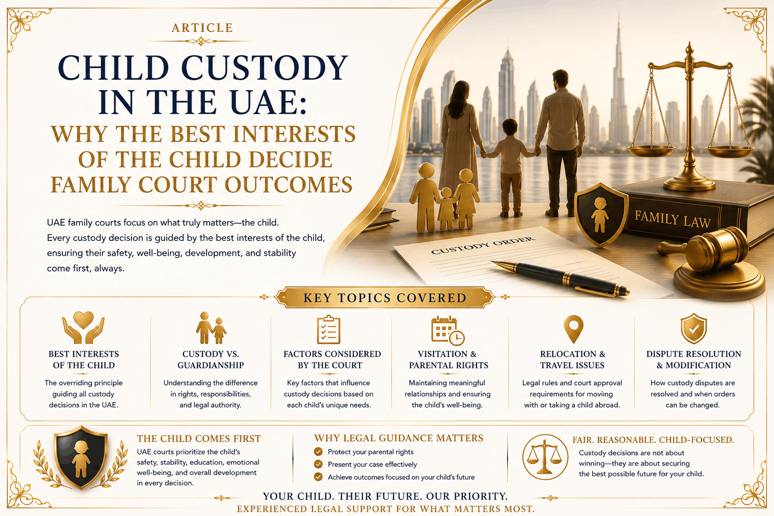 Child custody in the UAE based on the best interests of the child, parental duties, visitation, education, health, and relocation