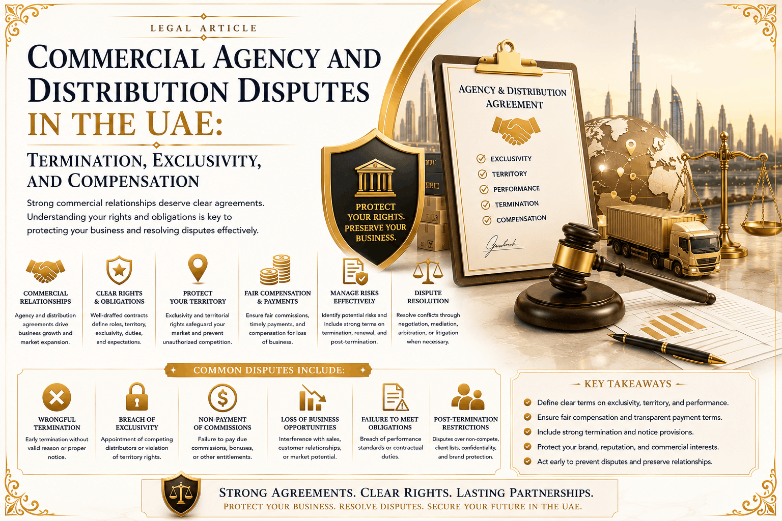 Commercial agency and distribution disputes in the UAE involving termination, exclusivity, registered agency issues, compensation exposure, supply interruption, and dispute management