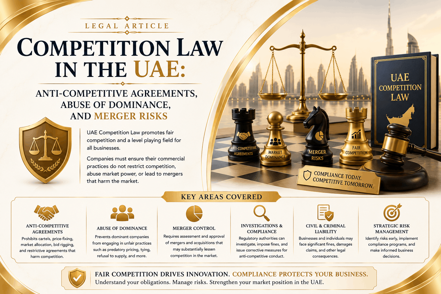 Competition law in the UAE involving anti-competitive agreements, abuse of dominance, merger risks, pricing coordination, market sharing, and compliance safeguards