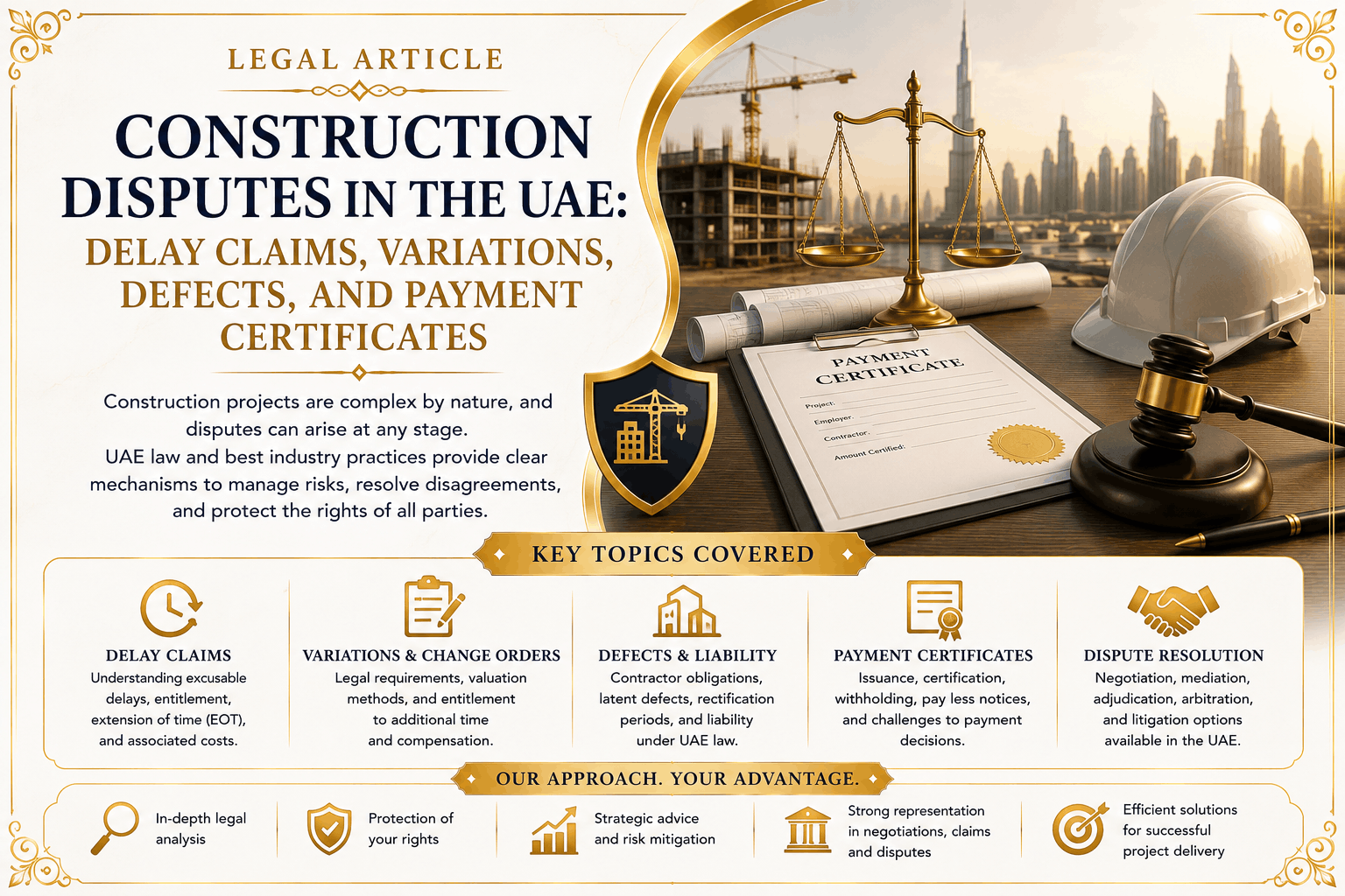 Construction law in the UAE involving delay claims, variations, defects, payment certificates, expert reports, and construction disputes