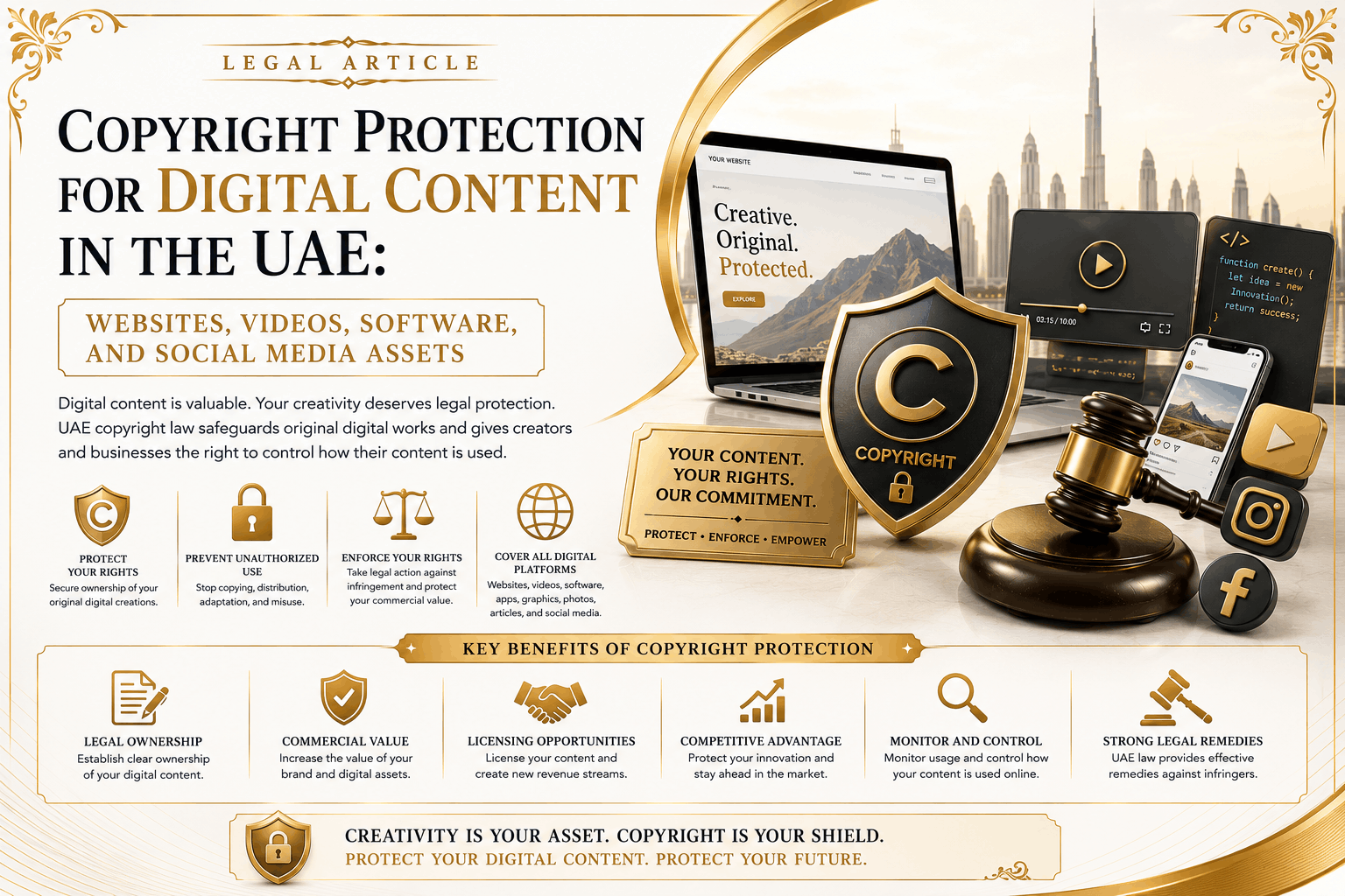 Copyright protection for digital content in the UAE involving websites, videos, software, social media assets, photography, course materials, evidence, and enforcement