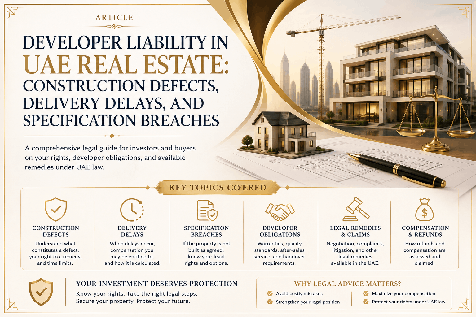 Developer liability in UAE real estate for construction defects, delivery delays, and specification breaches