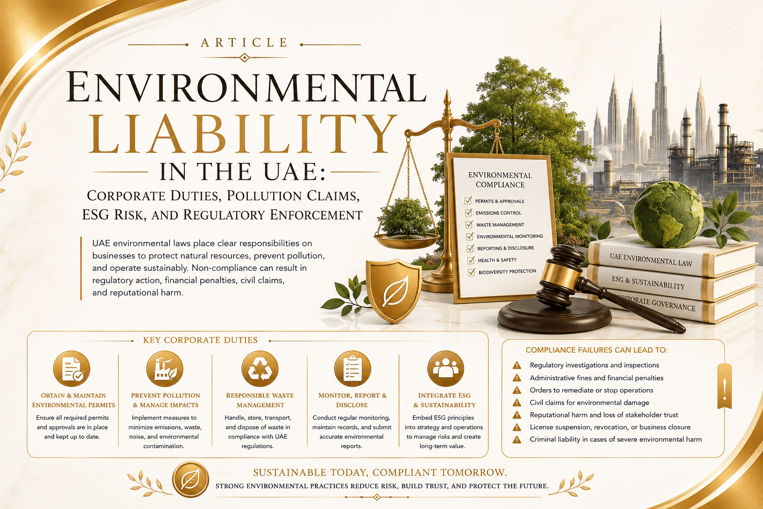Environmental liability in the UAE involving corporate duties, pollution claims, waste management, ESG risk, remediation duties, regulatory enforcement, and environmental harm