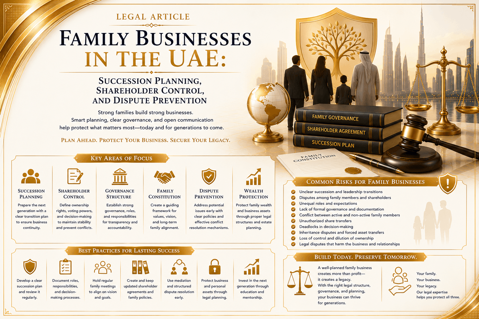 Family businesses in the UAE involving succession planning, shareholder control, governance councils, exit mechanisms, inheritance risk, and dispute prevention