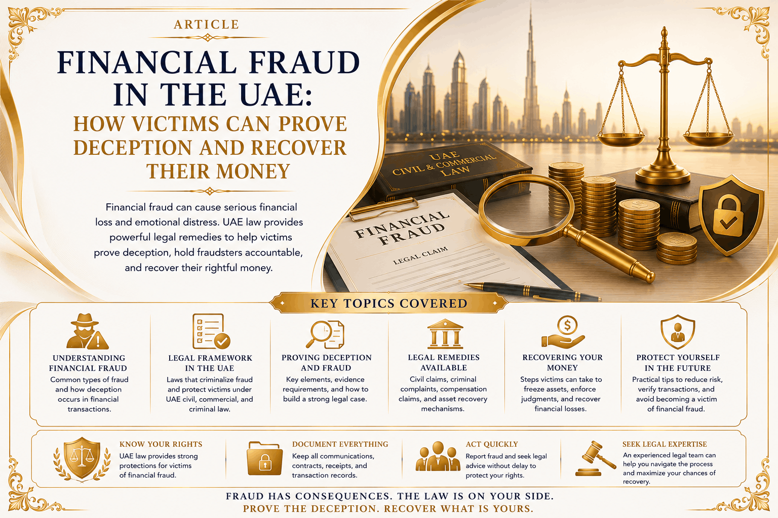 Financial fraud in the UAE involving deception, forged documents, digital evidence, fund tracing, criminal complaints, and money recovery