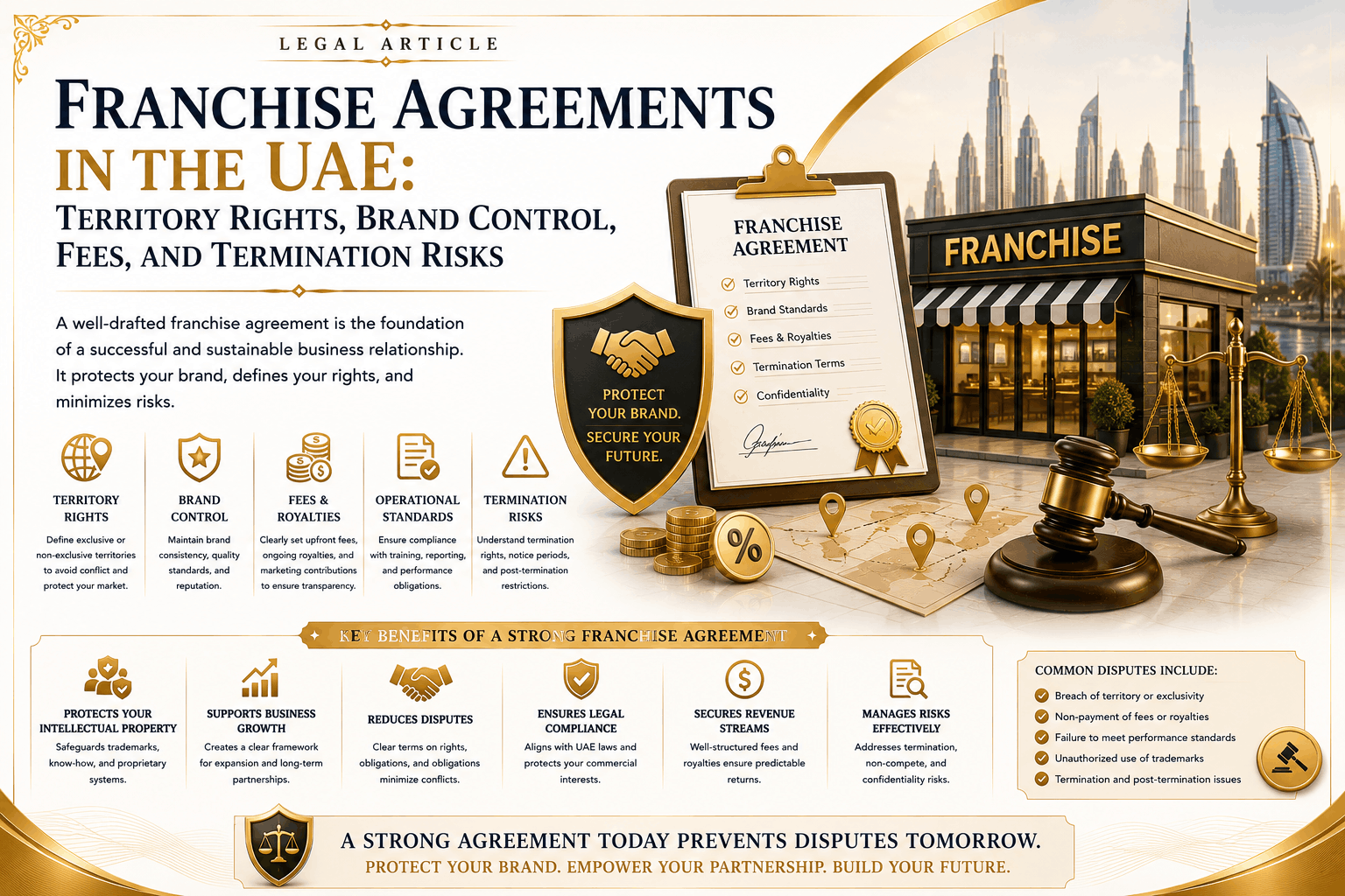 Franchise agreements in the UAE involving territory rights, brand control, royalty fees, performance obligations, non-compete clauses, renewal rights, and termination risks