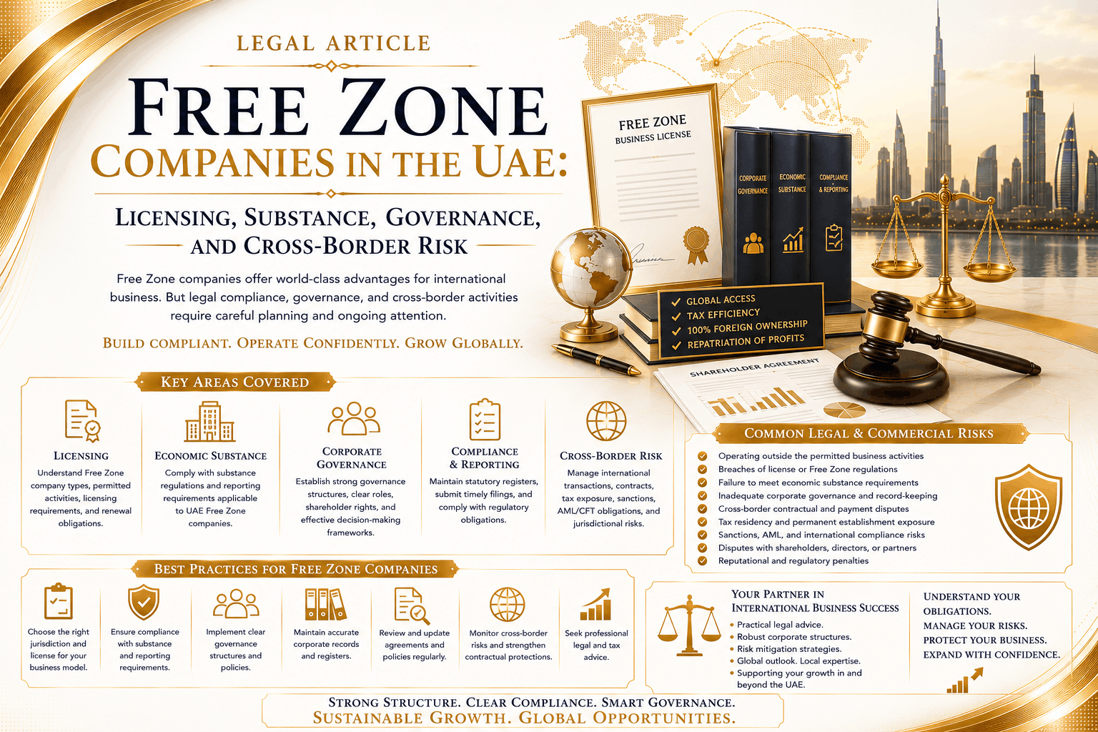 Free zone companies in the UAE involving licensing scope, substance requirements, governance obligations, beneficial ownership, contracts, mainland activity, and cross-border risk