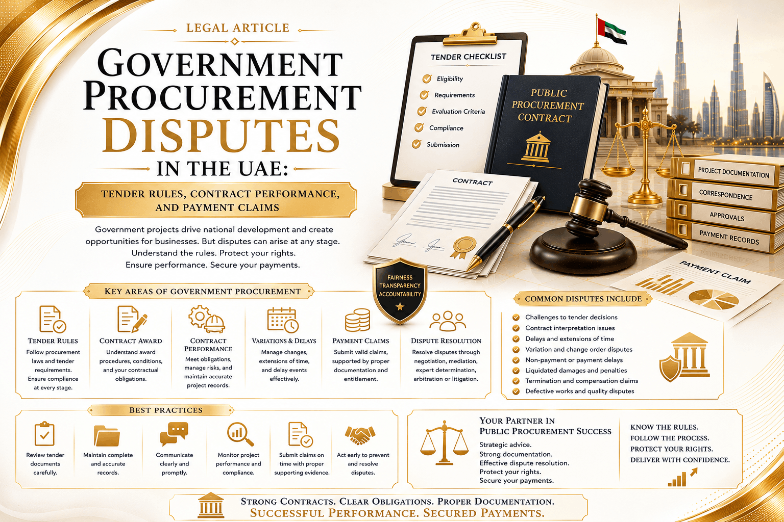 Government procurement disputes in the UAE involving tender rules, bid challenges, contract performance, payment claims, change orders, delay, and public contract remedies