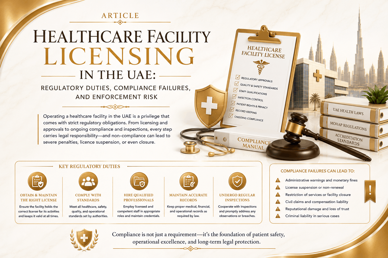 Healthcare facility licensing in the UAE involving facility approvals, professional licensing, patient records, inspections, advertising restrictions, compliance failures, and enforcement risk