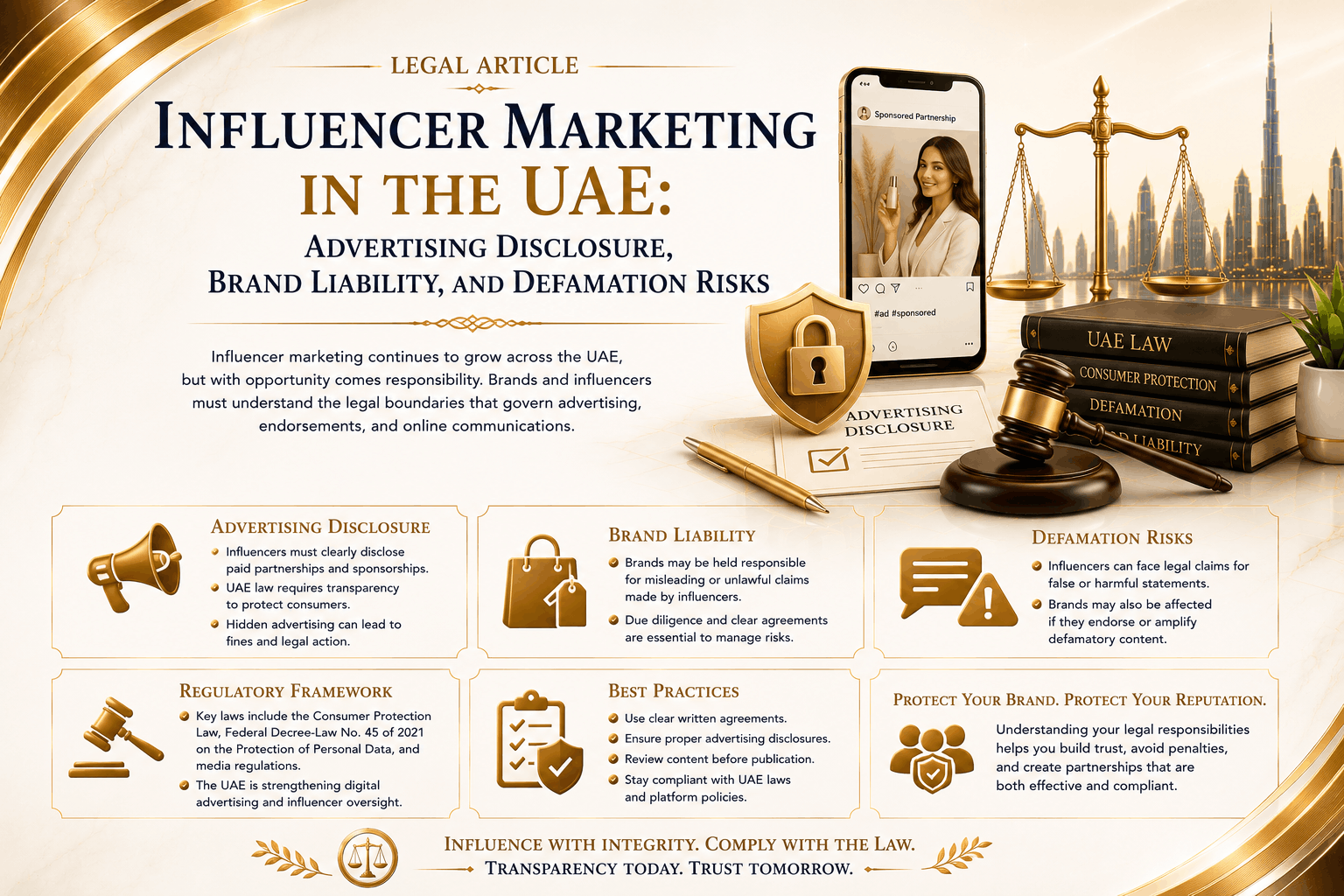Influencer marketing in the UAE involving paid promotion disclosure, advertiser permits, brand liability, false claims, defamation risks, image rights, and contract protections