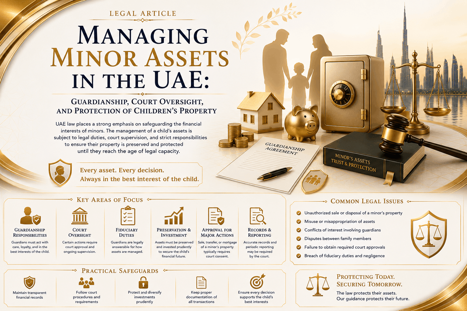 Managing minor assets in the UAE involving guardianship, court oversight, inherited property, bank accounts, real estate, and protection of children’s property
