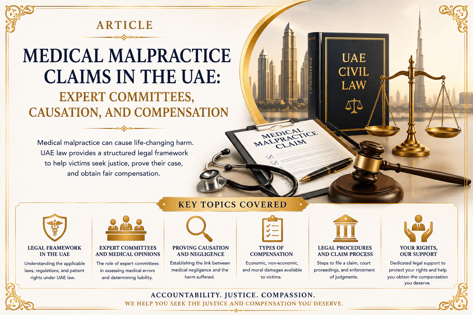 Medical negligence in the UAE involving malpractice claims, expert committees, causation, patient records, healthcare liability, and compensation