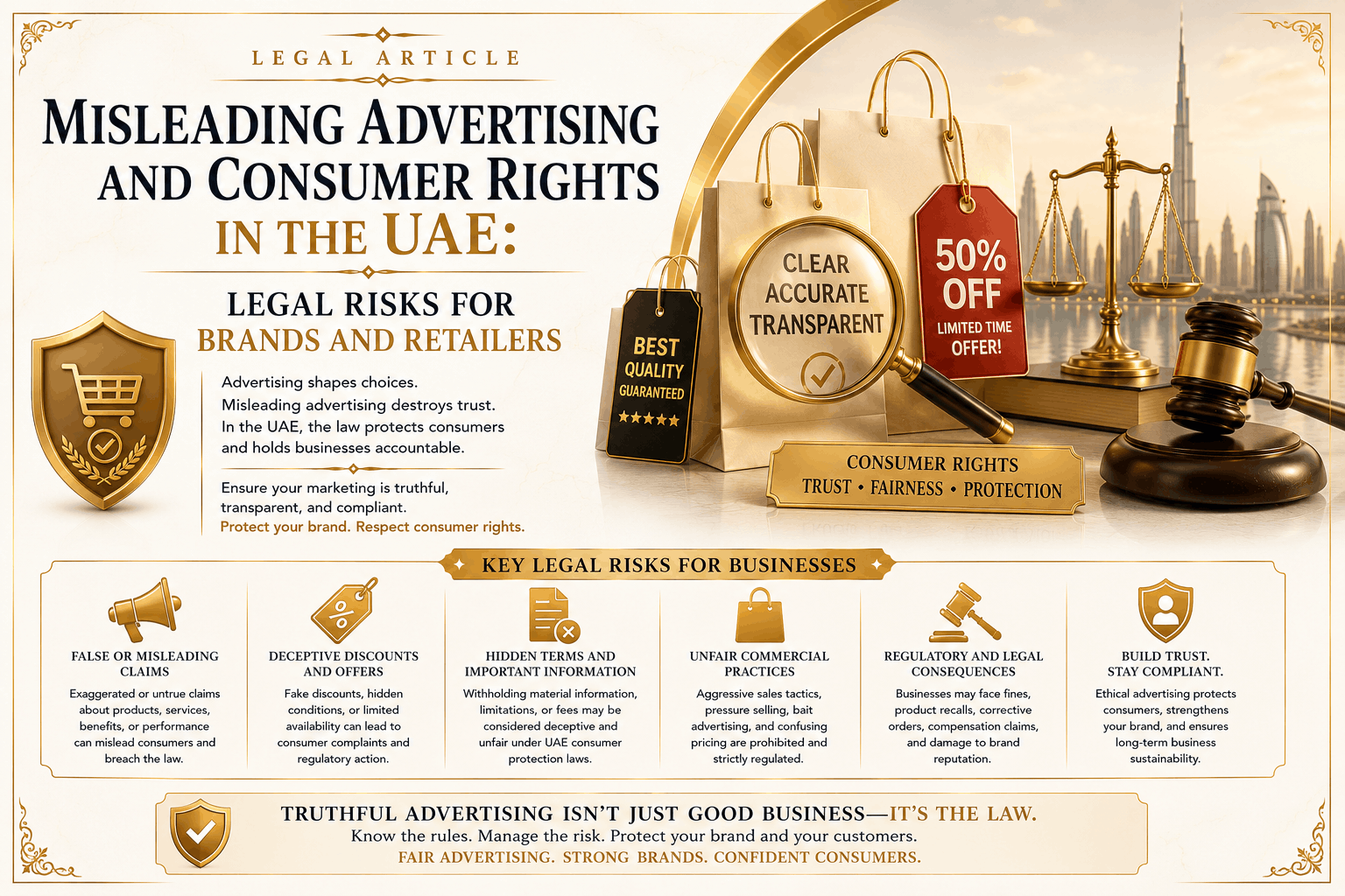 Misleading advertising in the UAE involving consumer rights, product descriptions, promotions, online listings, warranties, refund policies, influencer campaigns, and legal risks
