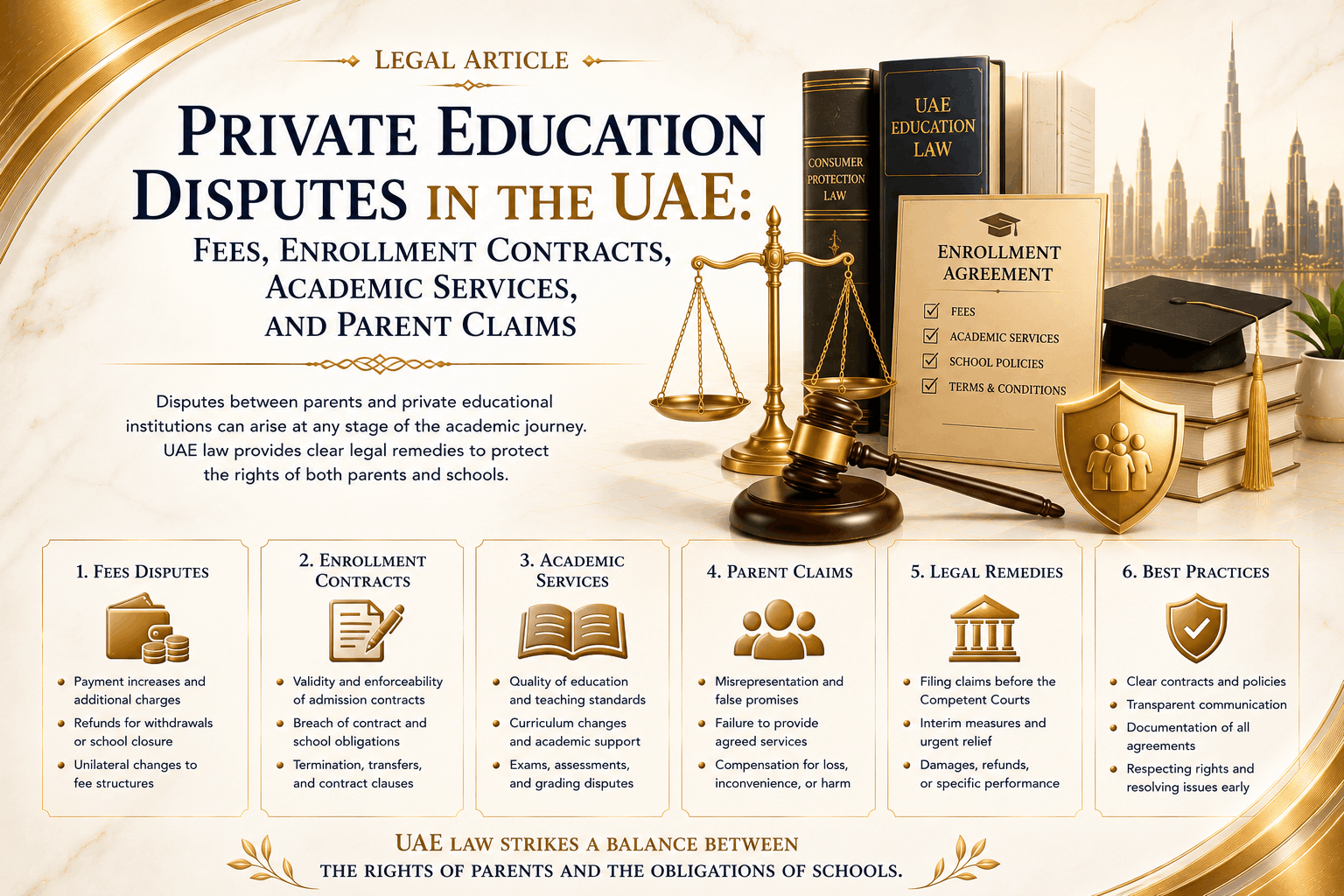 Private education disputes in the UAE involving fees, enrollment contracts, refunds, academic services, disciplinary decisions, records, and parent claims
