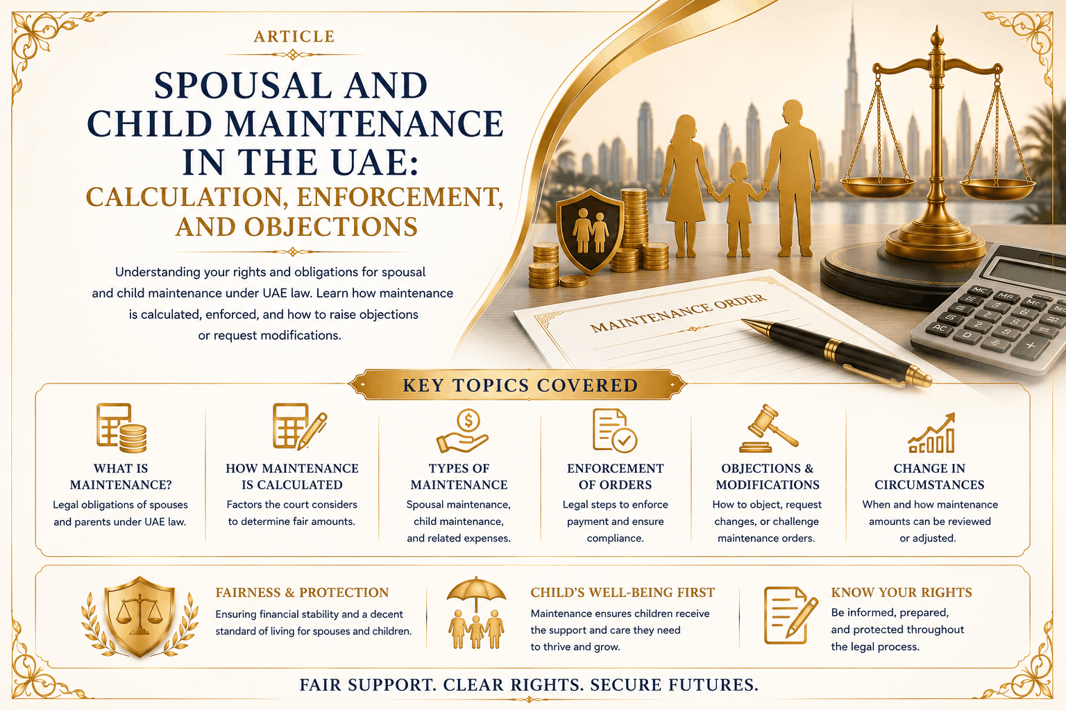 Spousal and child maintenance in the UAE involving income assessment, living expenses, arrears, enforcement, modification, and objections