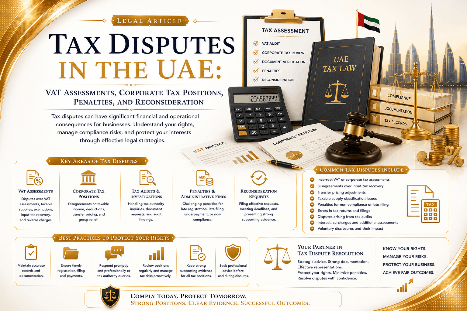 Tax disputes in the UAE involving VAT assessments, corporate tax positions, penalties, reconsideration requests, audit evidence, recordkeeping, and dispute resolution