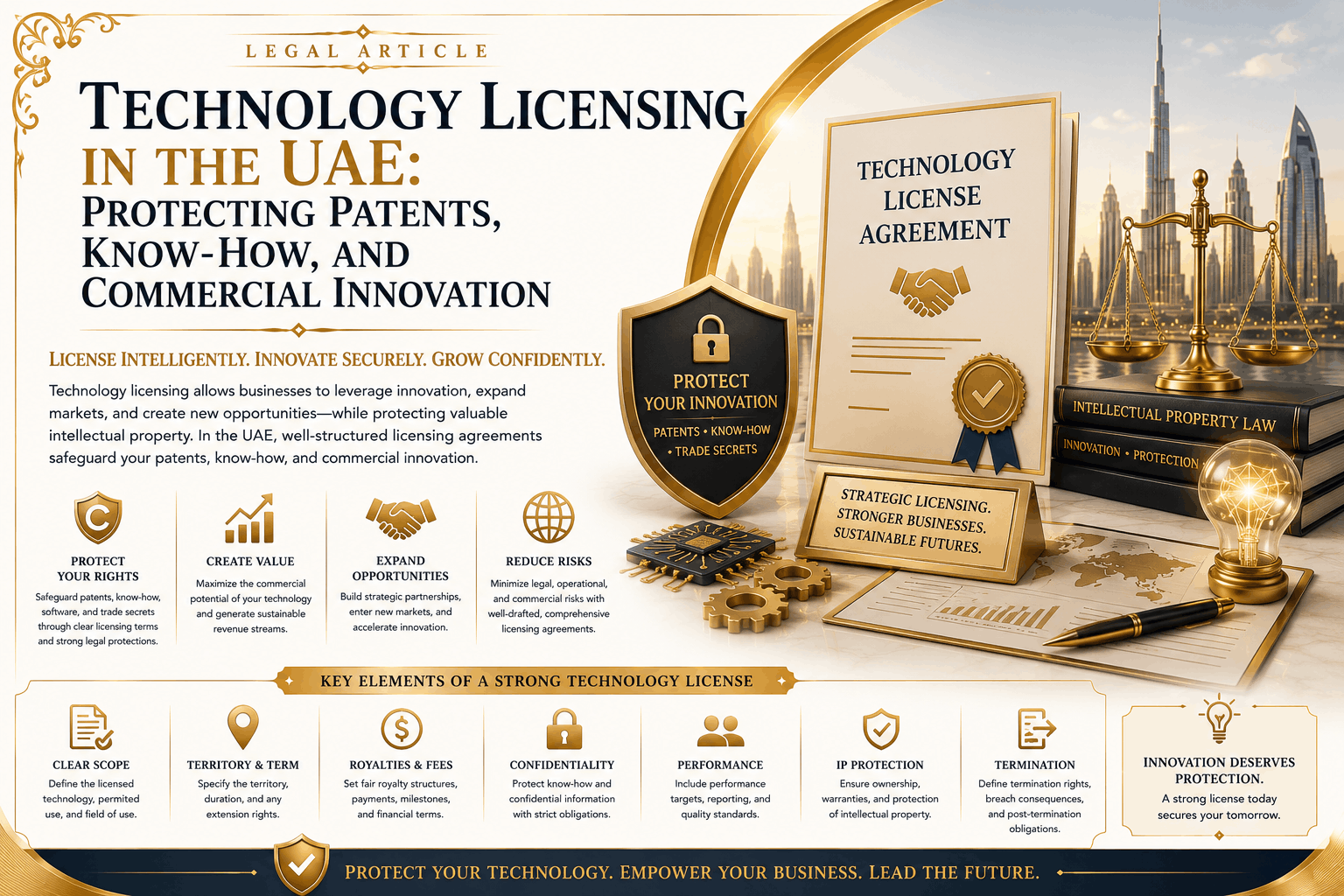 Technology licensing in the UAE involving patents, confidential know-how, royalty structures, ownership of improvements, termination risks, and commercial innovation agreements