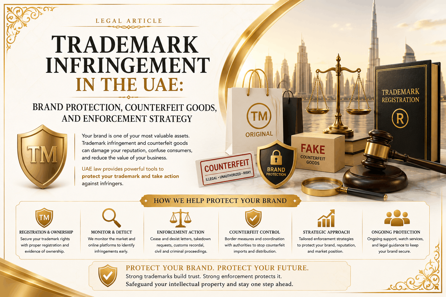 Trademark infringement in the UAE involving brand protection, counterfeit goods, trademark registration, customs enforcement, cease-and-desist strategy, and civil claims